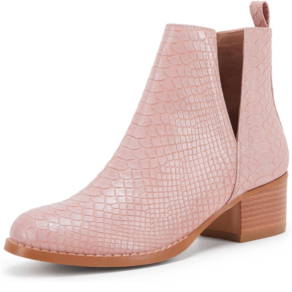 LAICIGO Women's V Cut Ankle Booties Low Stacked Heel Faux Leather Western Boots